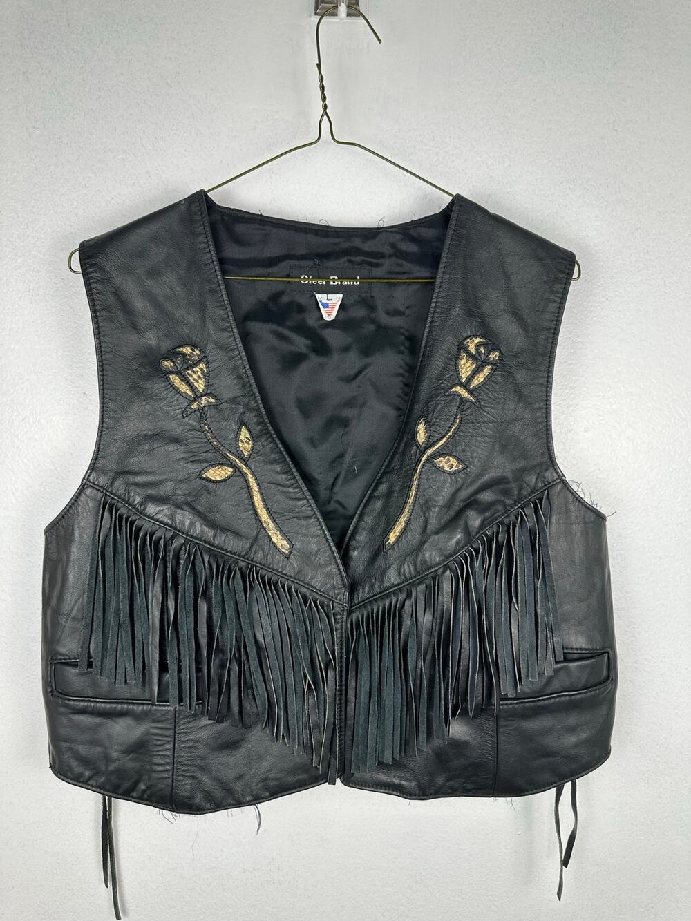 Steer Brand women's vtg black leather western fringe vest embroidered roses L